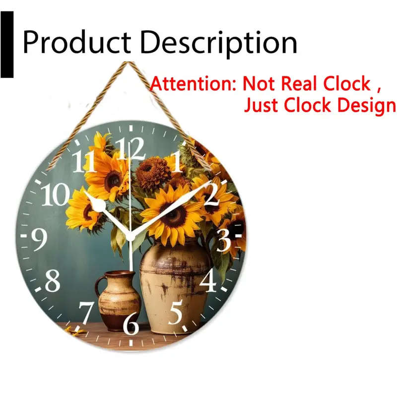 1pc 2D Round Wall Clock Design Wood Sign Vintage Sunflower Yellow Flower Floral Print Print Wall Clo