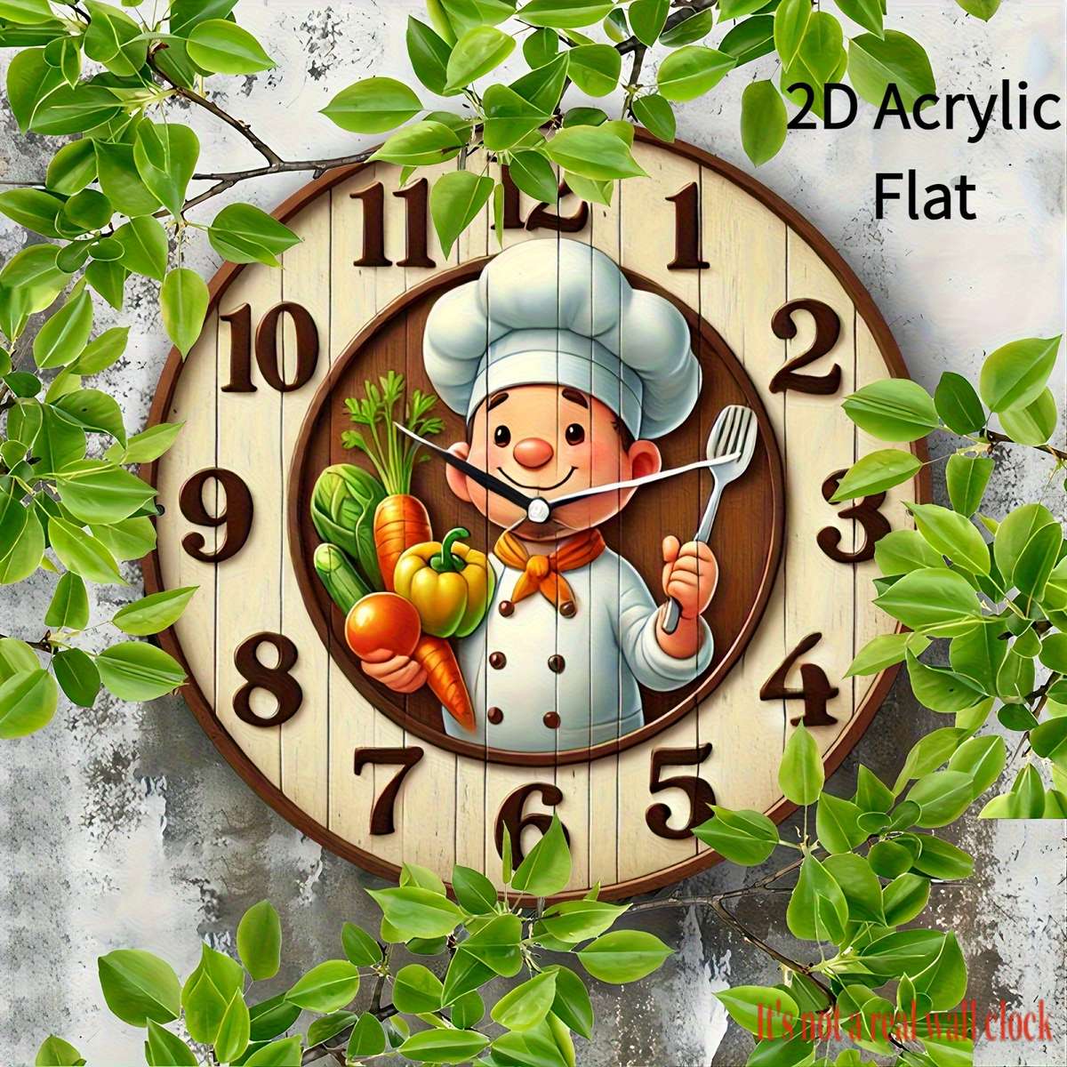 1pc 2D Flat 19.99cm Modern Chef-Themed Round Wall Clock Handcrafted Wooden Decor Not real clock