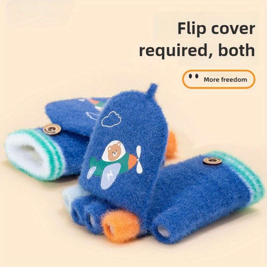 1 Pair Dark Blue Flexible Half Finger Flip Cover Warm Gloves