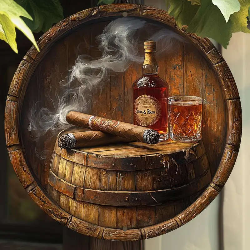 Round Metal Sign Art Piece Themed Around Cigars And Whiskey Featuring High-Definition 2D Design