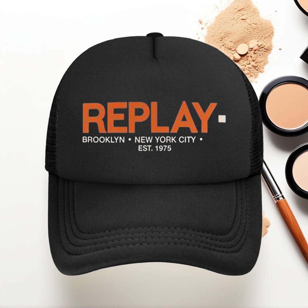 Replay Brooklyn 1975 Baseball Cap Adjustable Breathable Mesh Back Black With Orange Logo P