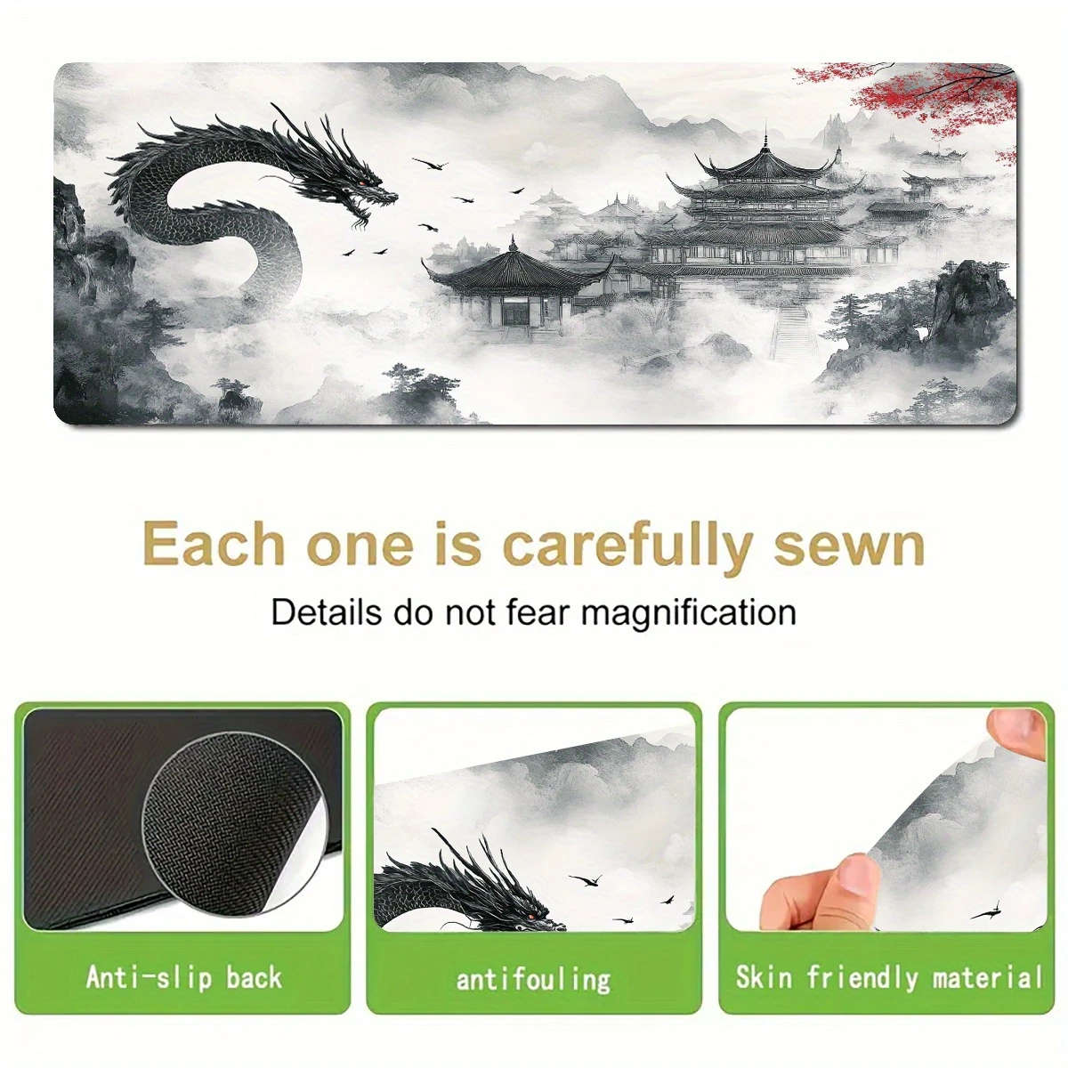 1pc 40x90cm Gaming Mouse Pad Vintage Ink-Style Dragon Design Non-Slip Rubber Desk Mat