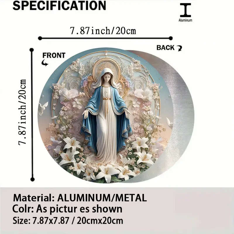 1pc Vintage Metal Sign Virgin Mary with Floral Background Aluminum Round Poster Sacred Imagery Retro