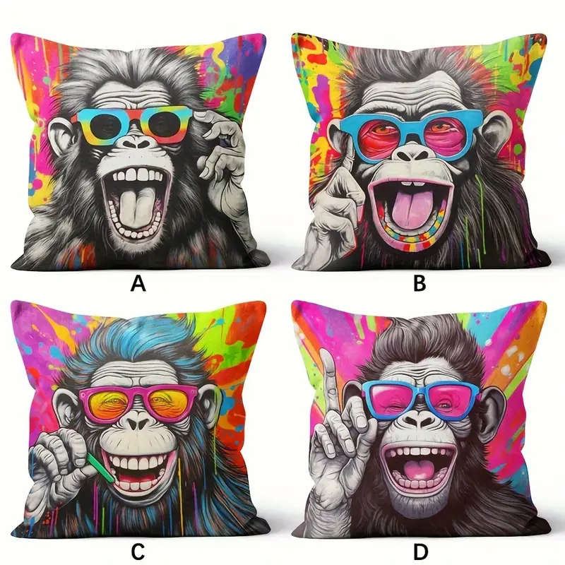 4 Piece Punk Style Monkey with Fashion Glasses Pillow Covers - Soft Zipper Closure