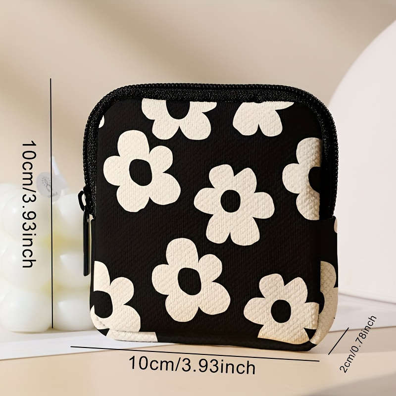1pc Chic Black White Floral Pattern Coin Purse with Zipper Large Capacity Multi-Functional Han