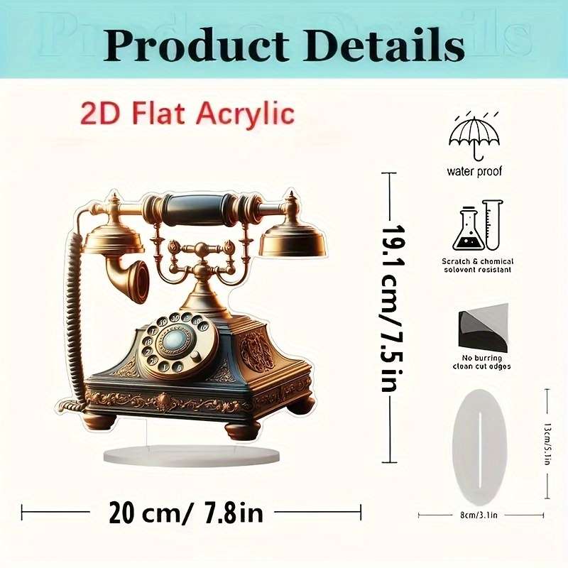 2D Flat Vintage Rotary Telephone Acrylic Desk Decor Non-3D Printed Retro Style Ornat