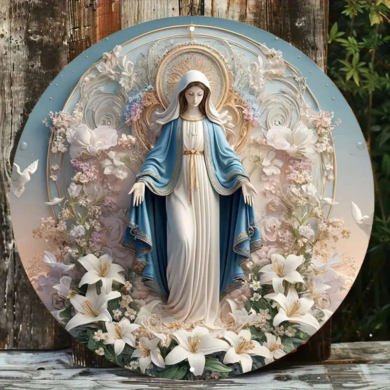 1pc Vintage Metal Sign Virgin Mary with Floral Background Aluminum Round Poster Sacred Imagery Retro
