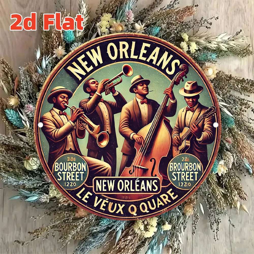 2D Flat Vintage New Orleans Jazz Band 2D Aluminum Wall Art Rustic Round Decorative Plaque W