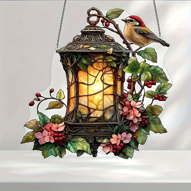2D Flat Charming Bird And Lantern Colorful Acrylic Pendant 5.9X5.9 Acrylic Garden-Them
