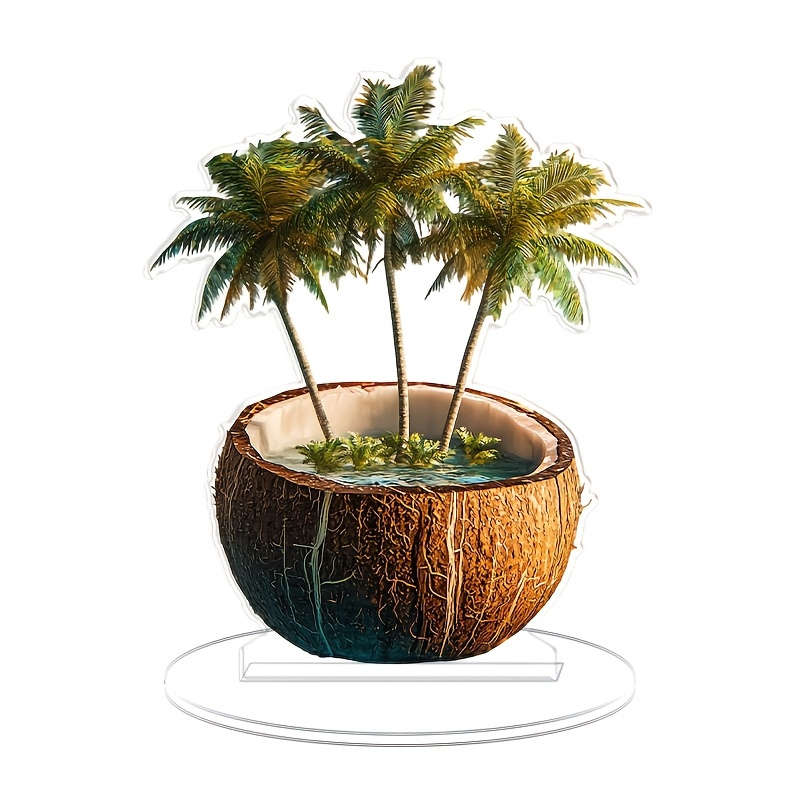 2D Flat Acrylic Coconut Shell Planter With Palm Tree Design Clear Decorative Desktop