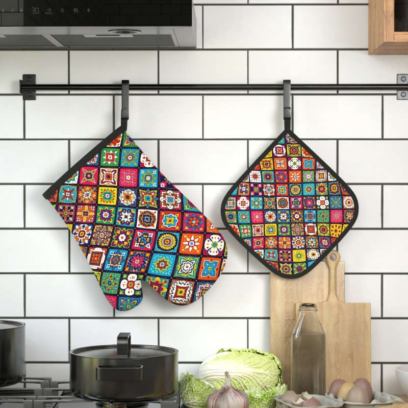 2pcs Floral Pattern Oven Mitts and Potholders Set Heat Resistant Polyester Kitchen Accessories