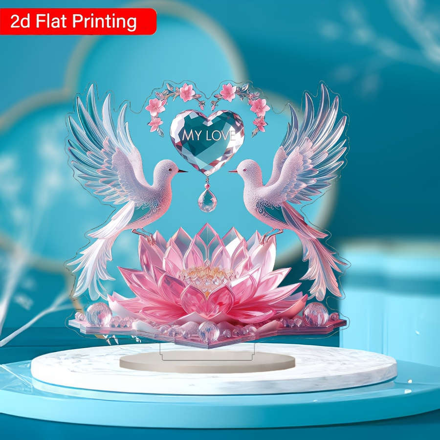 2D Flat Printing Acrylic Desk Decor With Doves Lotus Flower Design Glam Style No