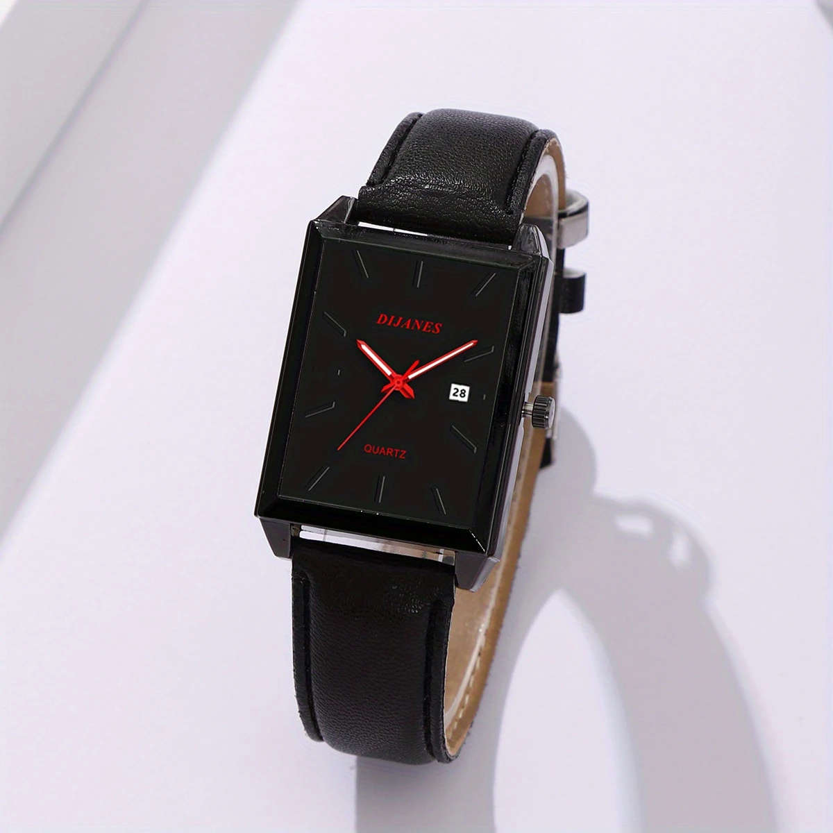 1pc Elegant Rectangular Quartz Watch for Men and Women with PU Leather Strap Date Display and Stylis