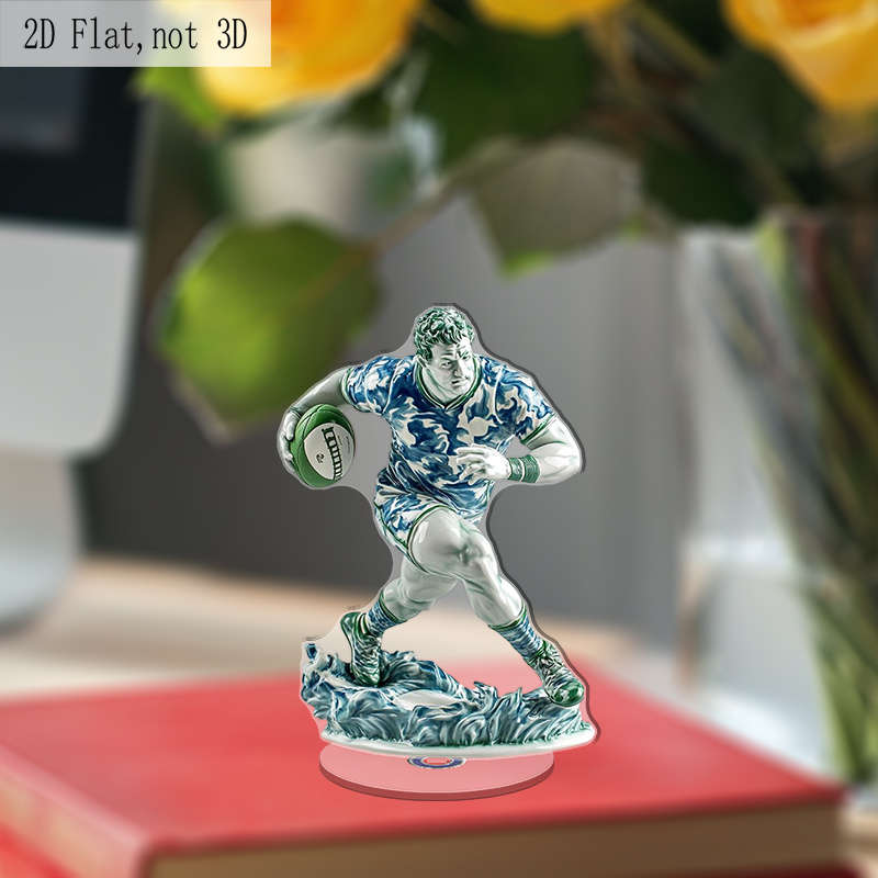 2D Flat Rotating Acrylic Rugby Player Figurine Blue and White Porcelain Style Relax Deskt