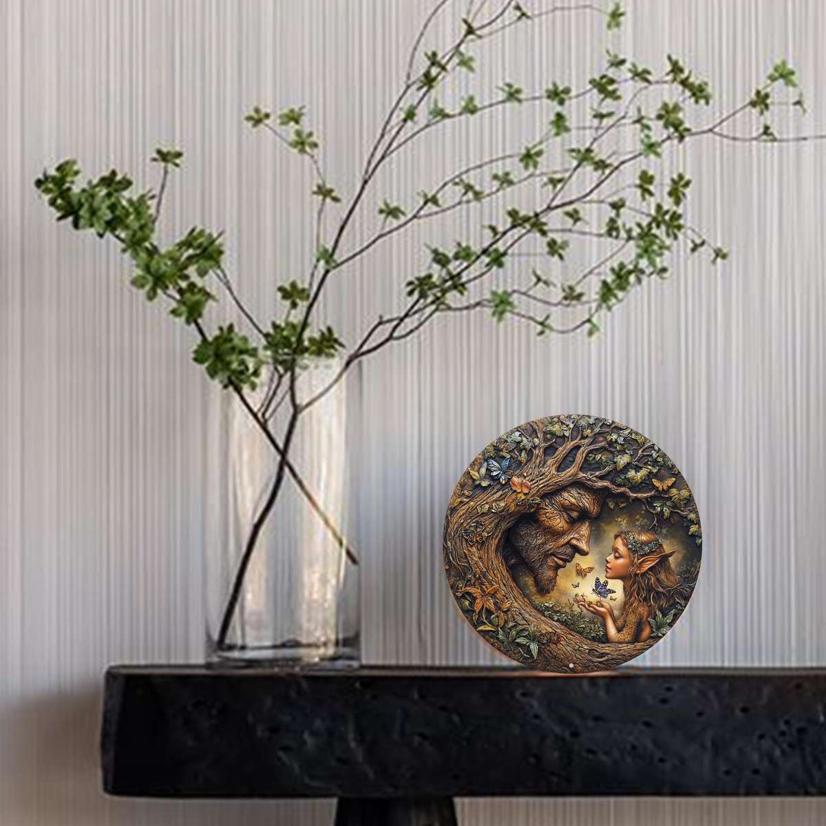 2D Flat 20.32X20.32Cm Round Wooden Wall Art Vintage Tree And Flower Fairy Sign