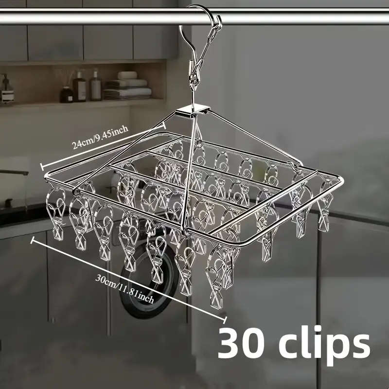 30 Clip Stainless Steel Drying Rack Windproof Space-Saving Design with Polished Finish for Socks Und