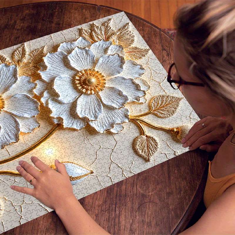1000pcs Golden-Trimmed White Floral Jigsaw Puzzle Scratch High Quality High-Leve