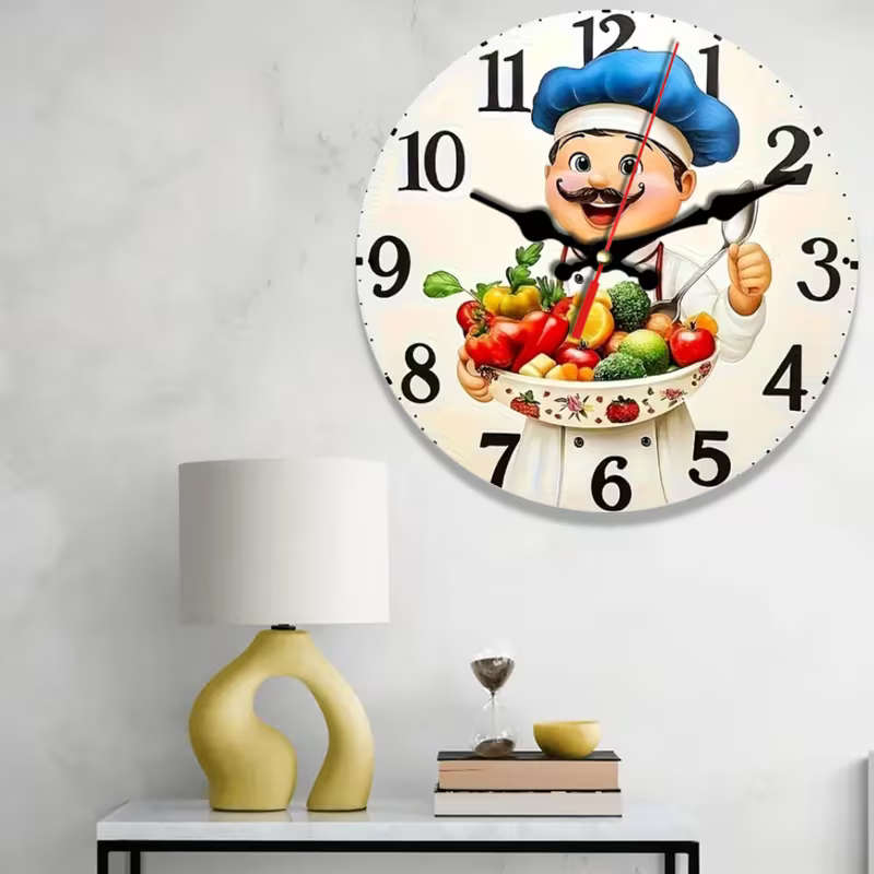 2D Flat Retro Kitchen Wall Clock Cartoon Chef and Vegetable Pattern Size 25cm