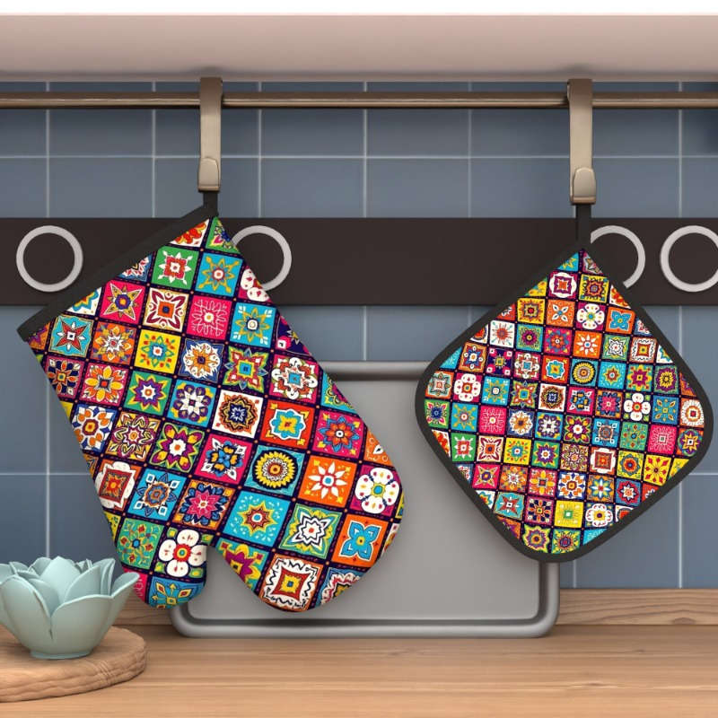 2pcs Floral Pattern Oven Mitts and Potholders Set Heat Resistant Polyester Kitchen Accessories