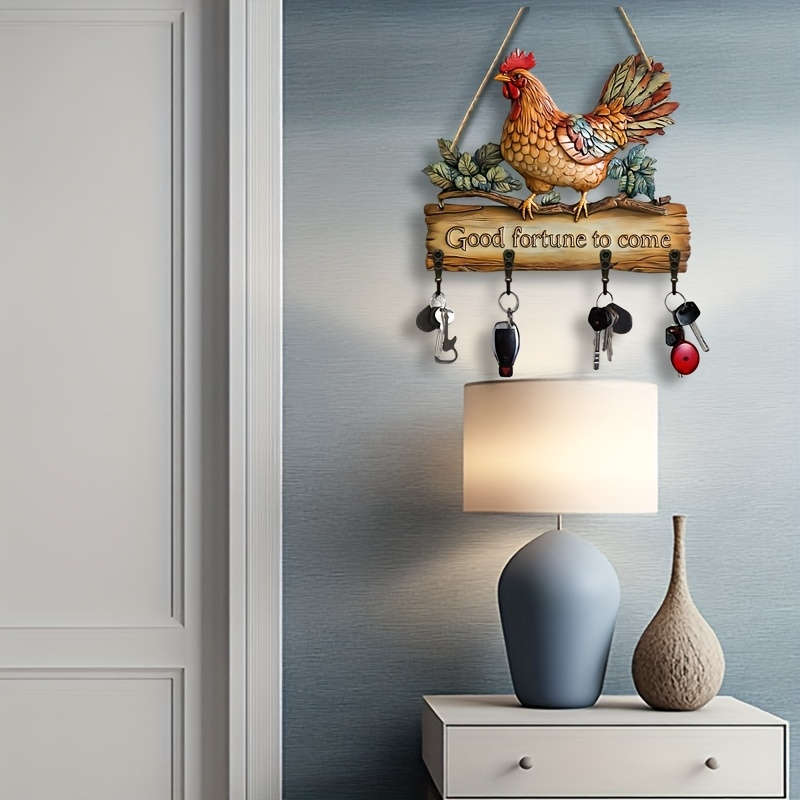 1 piece2Dflat Colorful Chicken Simple Colorful Wooden Household Key Hook with Four Metal Hooks(5.0