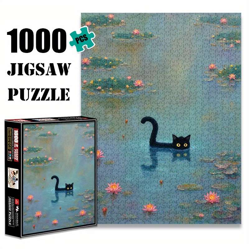 1000pcs Black Cat Pond Jigsaw Puzzle Scratch Water Resistant Advanced DIY Brain
