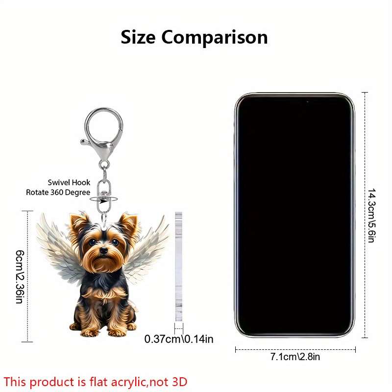 1pc 2D Flat Charming Yorkshire Terrier Acrylic Keychain with Angel Wings Cute  Design Transparent