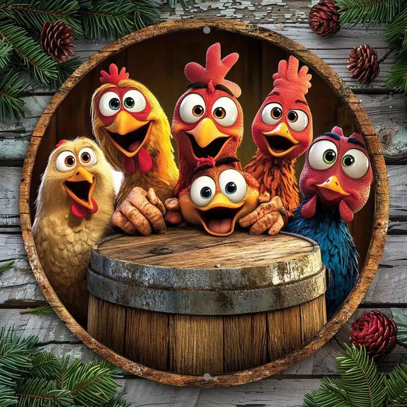 1pc Classic Chicken Themed Round Aluminum Sign 20.32x20.32cm Wall Hanging Decor for Bar Kitchen Cafe