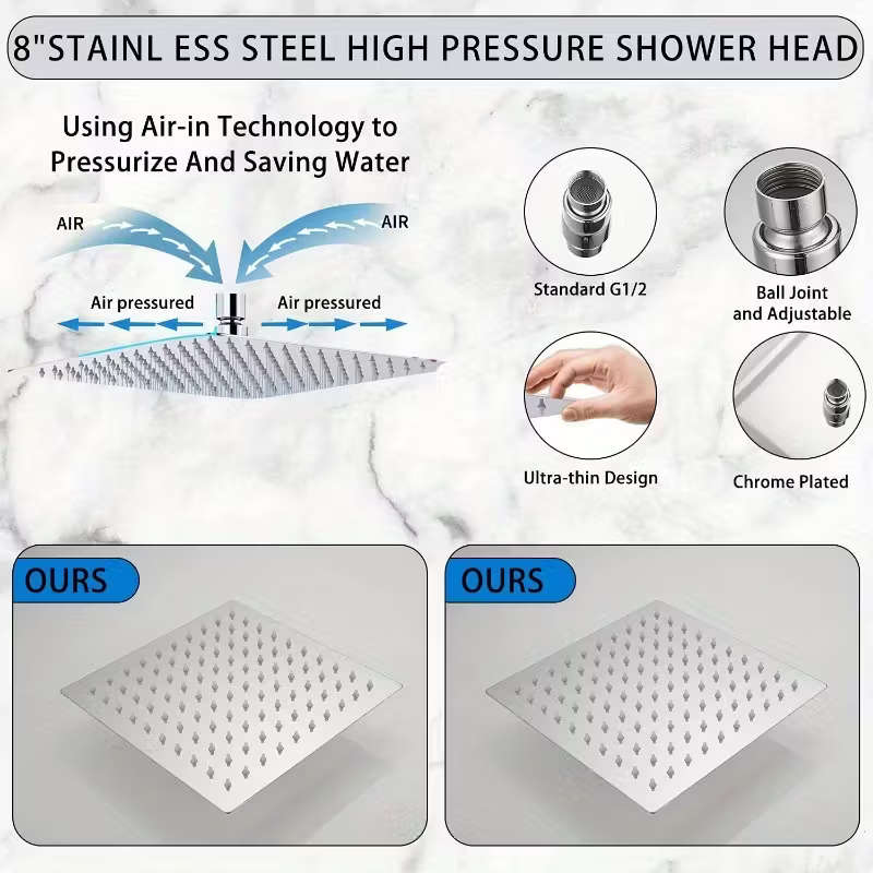 1 Set Stainless Steel Square Shower Head With Top Spray