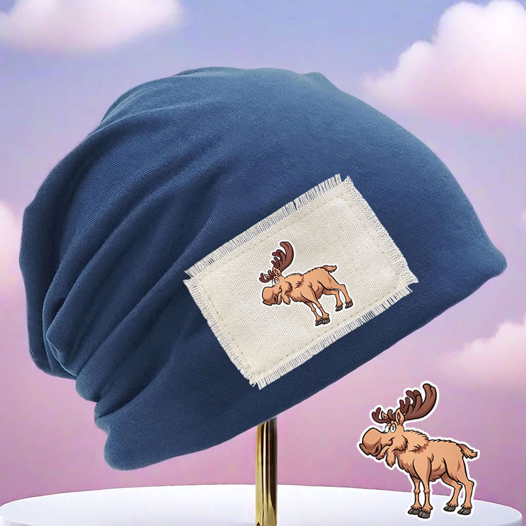 Cozy Moose Print Beanie Hat Unisex Stretch Fit Lightweight Washable Brown With White Pat