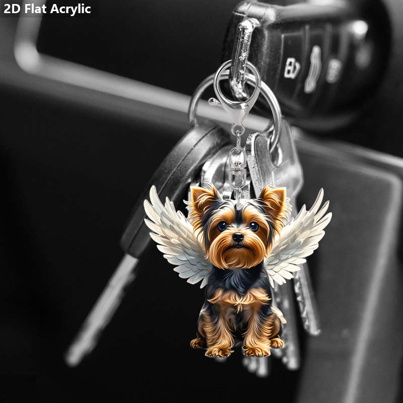 1pc 2D Flat Charming Yorkshire Terrier Acrylic Keychain with Angel Wings Cute  Design Transparent