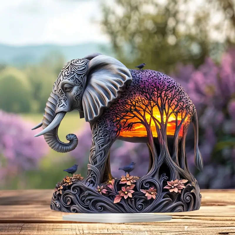 1pc 2D Flat Bohemian Sunset And Forest Elephant Decorations Acrylic Material Tabletop Boho Style