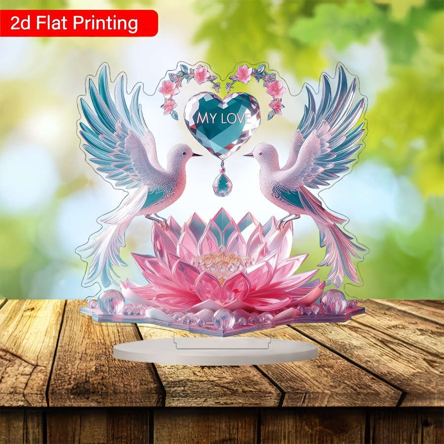 2D Flat Printing Acrylic Desk Decor With Doves Lotus Flower Design Glam Style No
