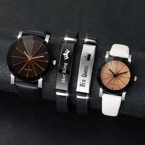 4pcs Set Classic Minimalist Quartz Watch and Bracelet Set Round Alloy Case Faux Leather Band Trendy