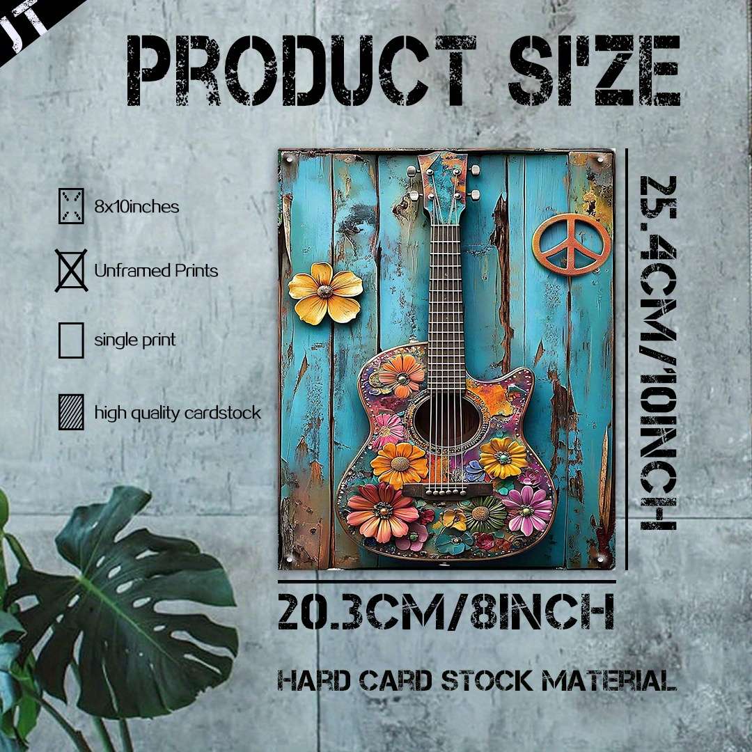 2D Flat  20.32x25.4cm Frameless Guitar Wall Art Retro Wall Decor for Bar Cafe Restaurant Ho