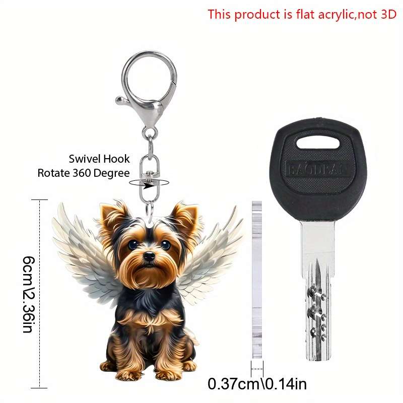1pc 2D Flat Charming Yorkshire Terrier Acrylic Keychain with Angel Wings Cute  Design Transparent