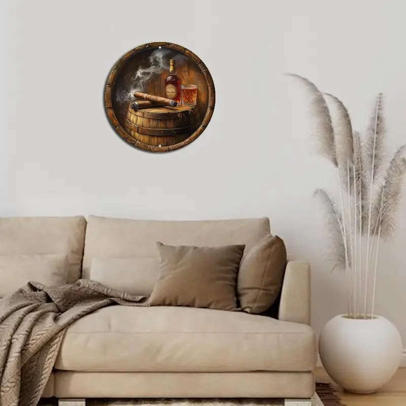 Round Metal Sign Art Piece Themed Around Cigars And Whiskey Featuring High-Definition 2D Design