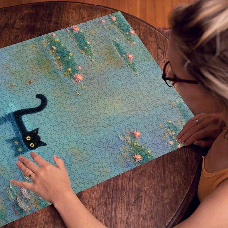 1000pcs Black Cat Pond Jigsaw Puzzle Scratch Water Resistant Advanced DIY Brain