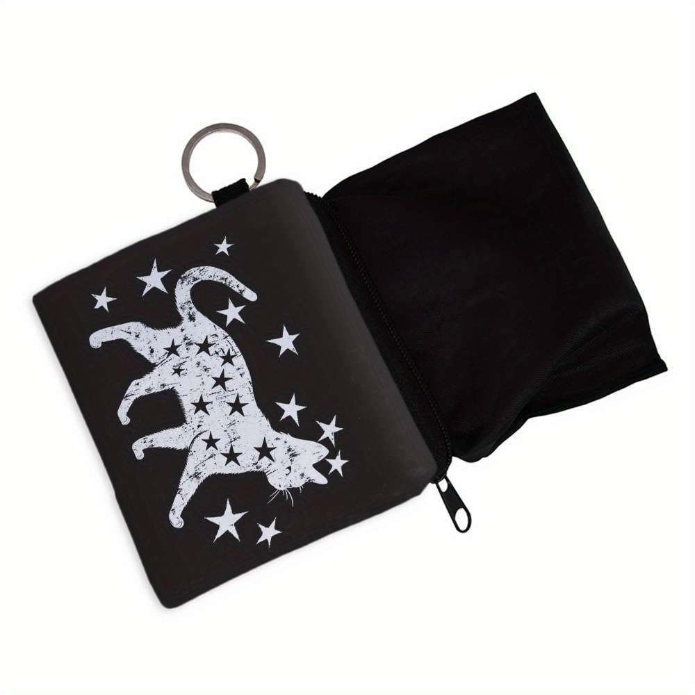 Stylish Black Cat Star Print Polyester Coin Purse C High Quality Portable Zipper Pouch