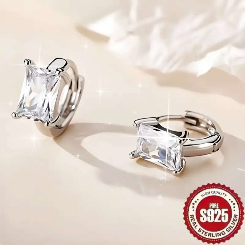 925 Sterling Silver Plated Retro Exquisite French Style, Rectangular Synthetic Zirconia Earrings