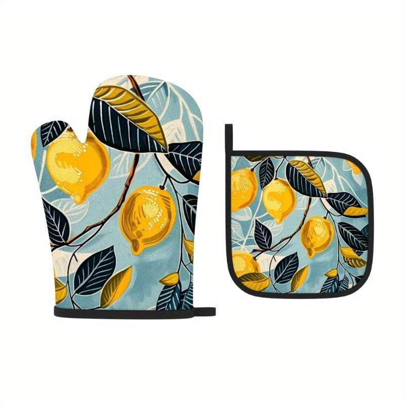 2pcs Lemon Leaf Pattern Oven Mitts