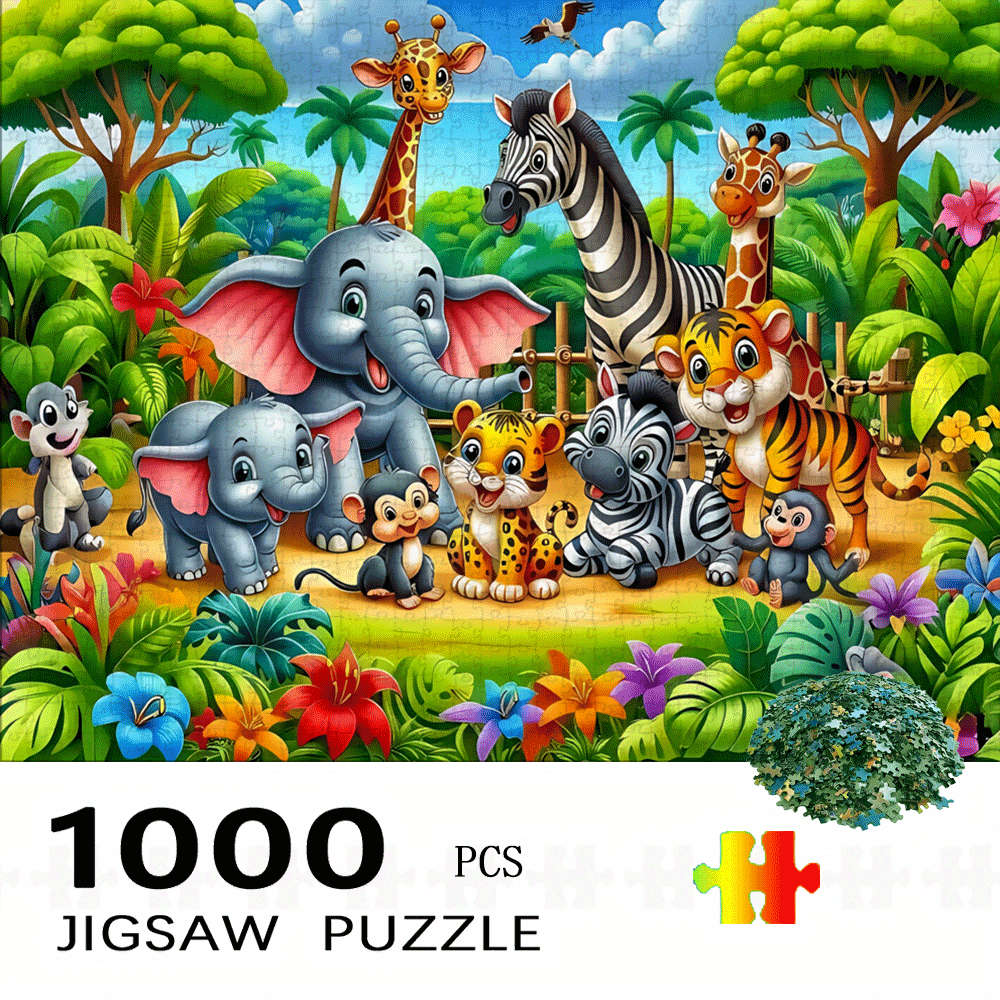 1000pcs Jigsaw Puzzle Jungle Scene with Giraffes Elephants Zebras Vibrant Mixe