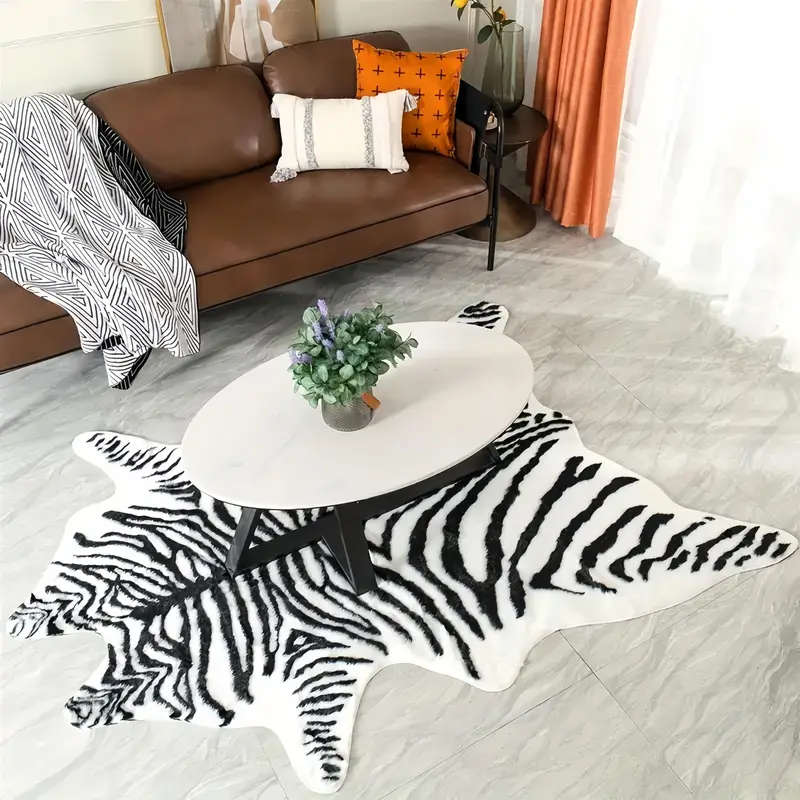 Large Zebra Print Velvet Area Mat - Soft, Washable, Non-Slip, Suitable for Living Room