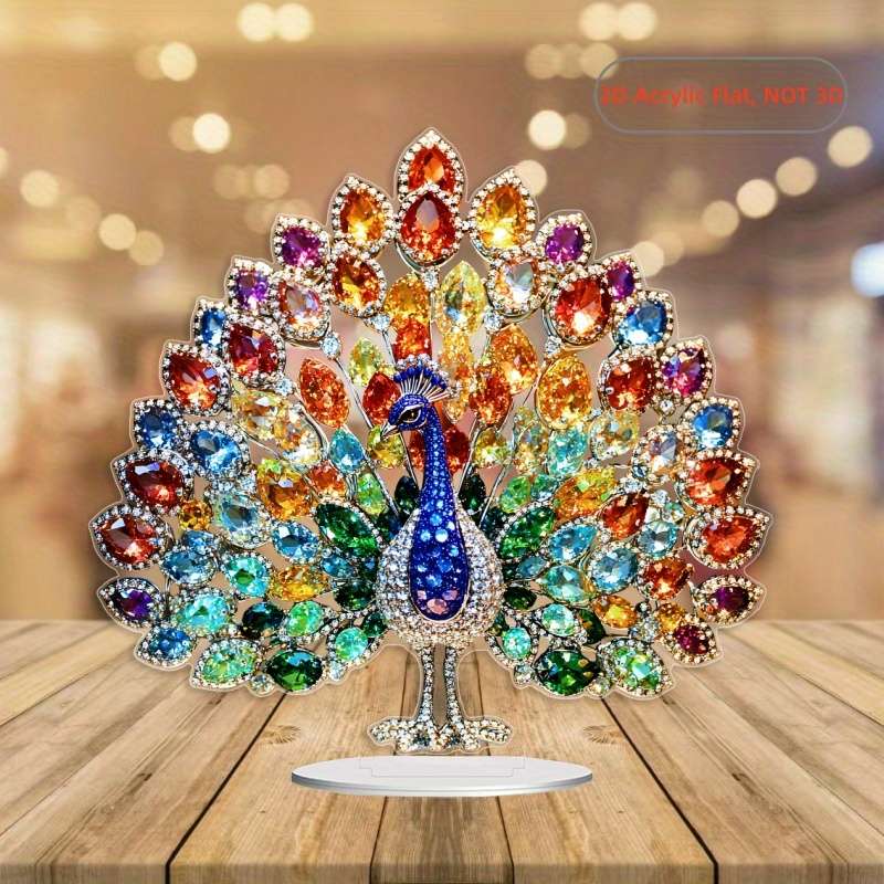 1pc 2D Flat  Vibrant  Acrylic Peacock Tabletop Display with Base Colorful Gemstone Design 18.3