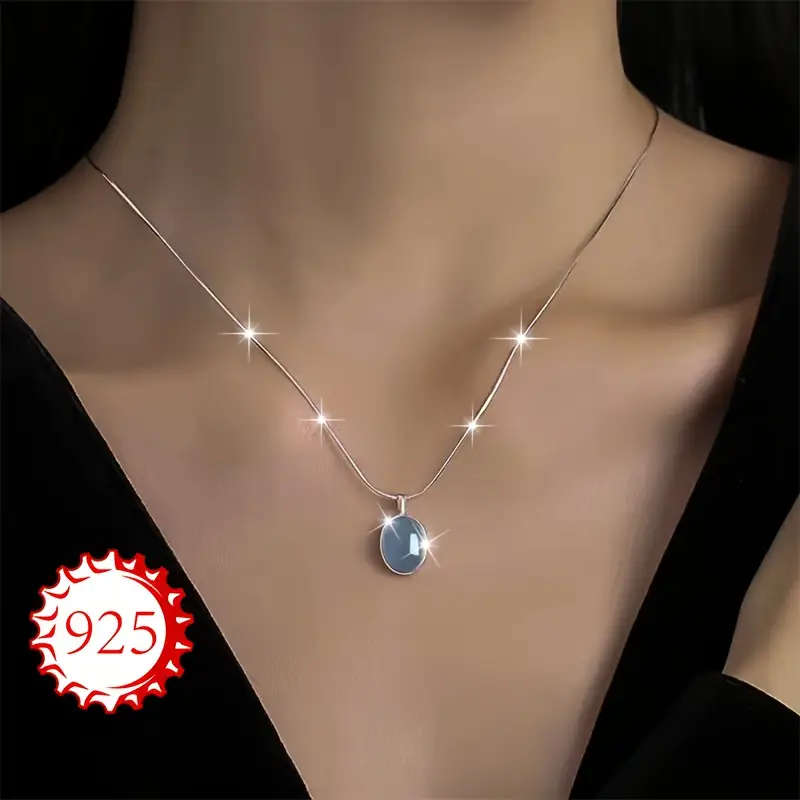 925 Sterling Silver Hypoallergenic Necklace, Single Piece, Women's Aquamarine Moonstone Pendant