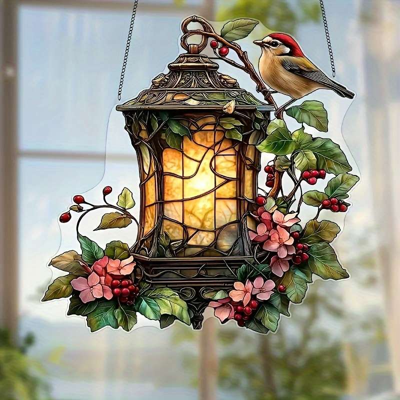 2D Flat Charming Bird And Lantern Colorful Acrylic Pendant 5.9X5.9 Acrylic Garden-Them