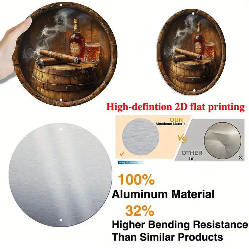 Round Metal Sign Art Piece Themed Around Cigars And Whiskey Featuring High-Definition 2D Design
