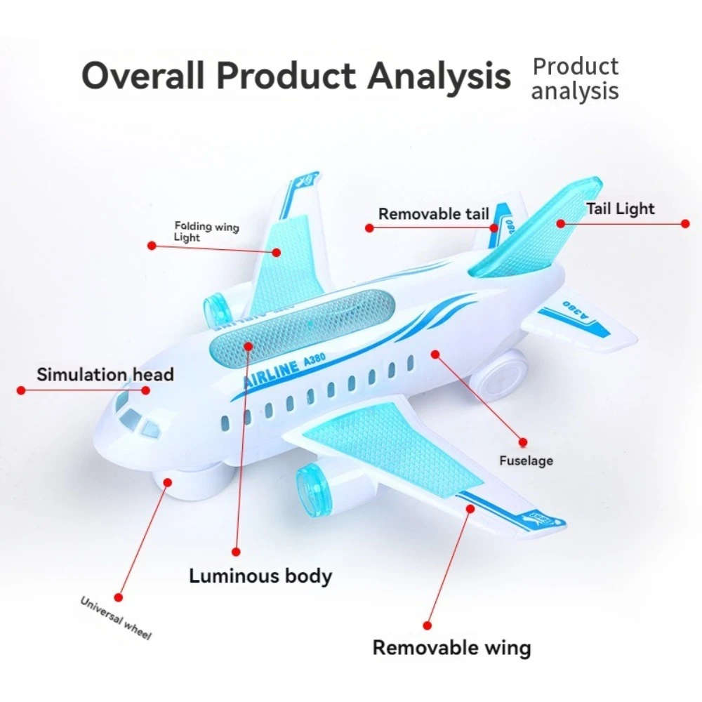 Kids Glowing Led Electric Airplane Toy Abs Material Music And Sound Effects Battery Powered Hori