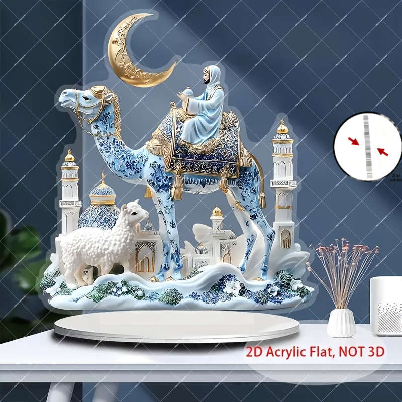 1pc 2D Flat  Acrylic Flat Traditional Mosque Shepherd Scene Decor with Camel Sheep Vibrant Blue