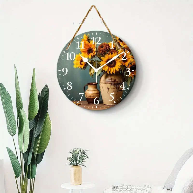 1pc 2D Round Wall Clock Design Wood Sign Vintage Sunflower Yellow Flower Floral Print Print Wall Clo