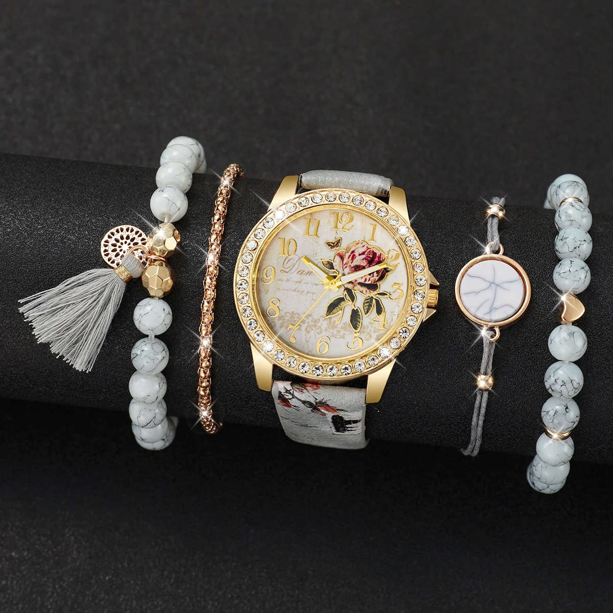 5pcs set Elegant Women'S Quartz Watch and Bracelet Combo Floral Dial Round Alloy Case Faux Leather B